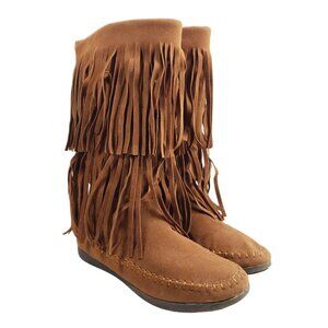 Rampage Womens Size 7 Brown Fringe Faux Suede Mid-Calf Moccasin Boots